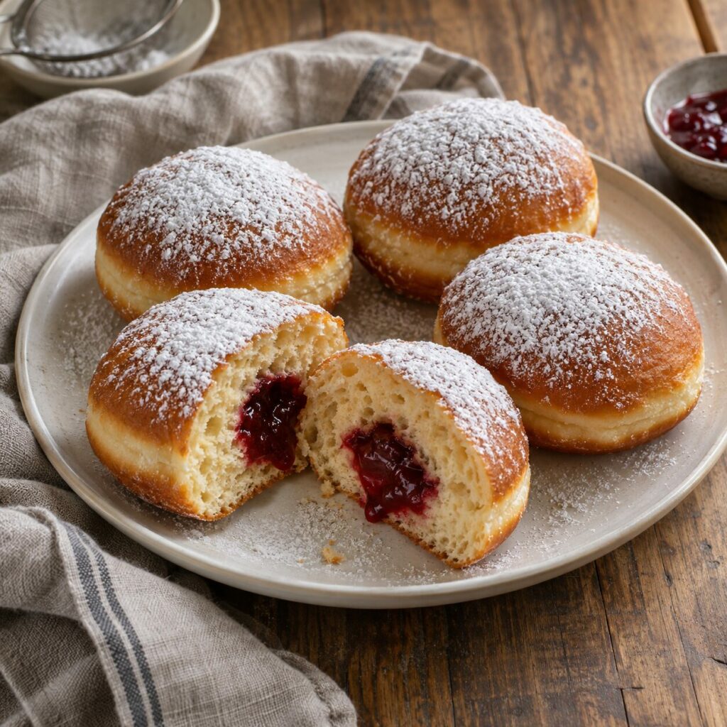Azúcar glas y confitura sobre krapfen austriacos