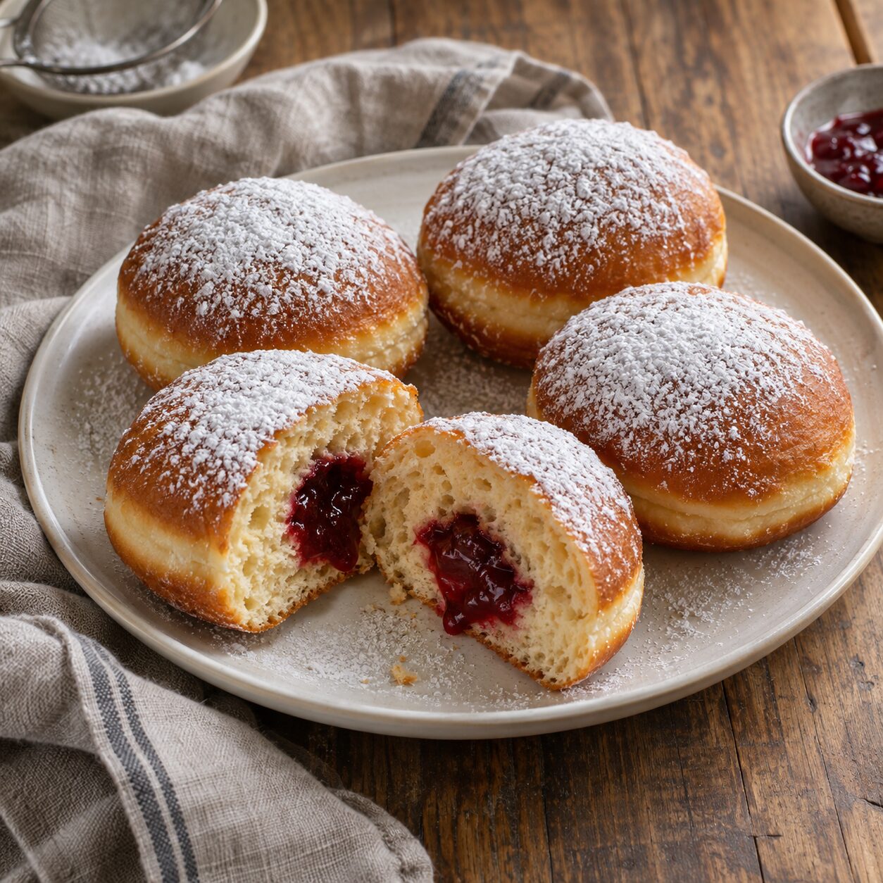 Powdered sugar and jam on Austrian Krapfen