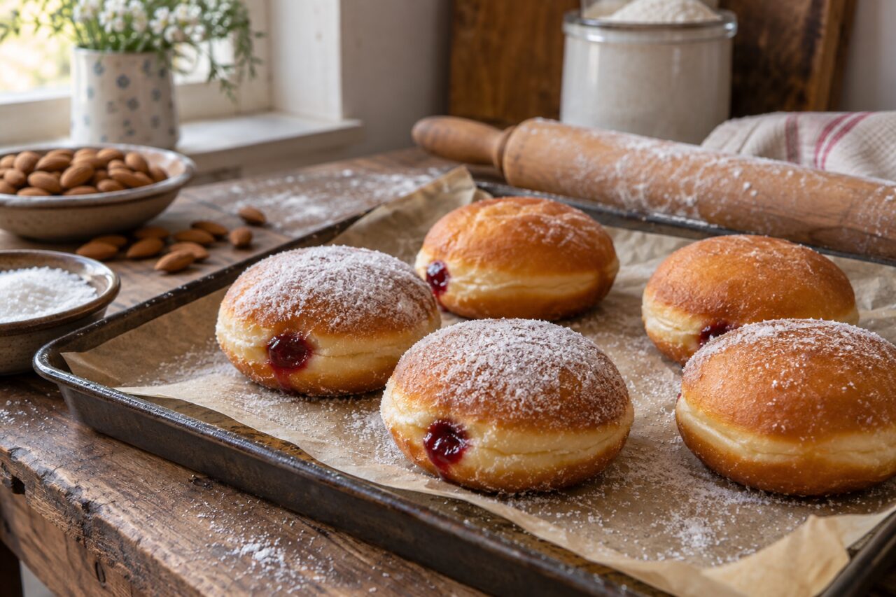Flour, rolling pin, and almonds around golden Krapfen