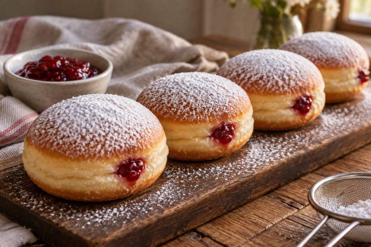 On a dark board, five Krapfen with almonds