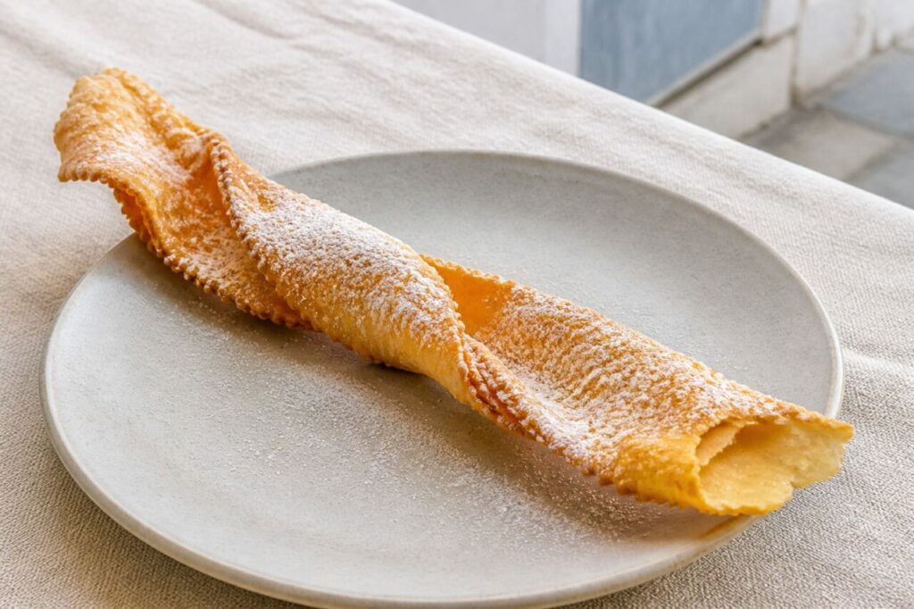 Kroštule croate a nastro ritorto croccante con zucchero a velo