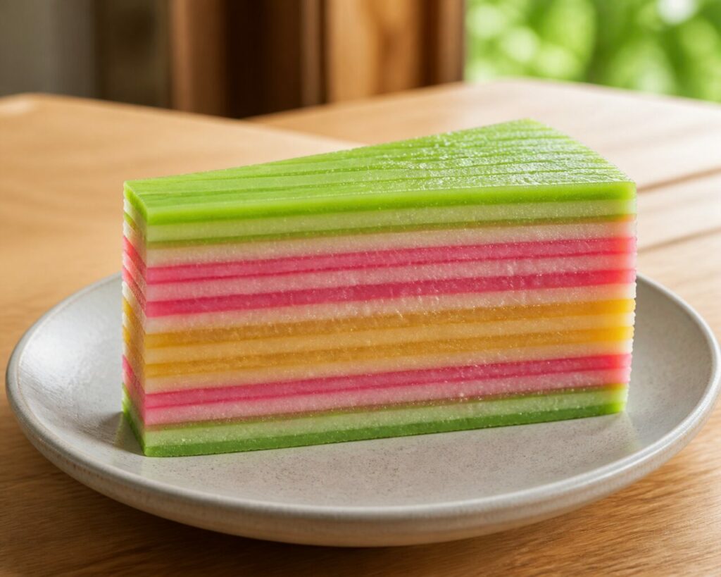 Kue lapis — Tranche frontale de gâteau vapeur indonésien aux couches colorées translucides