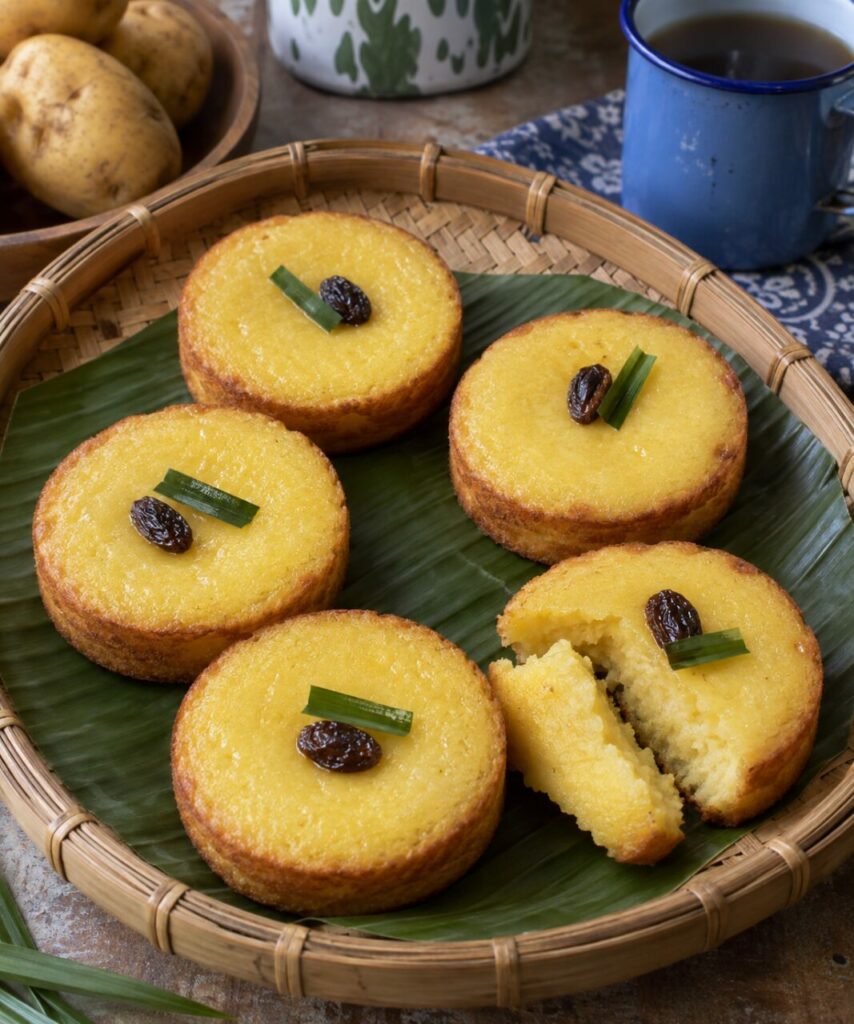 Moelleux kue lumpur au coco sur plateau de bambou