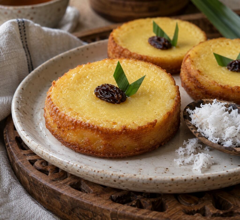 Tendre kue lumpur au coco sur assiette artisanale