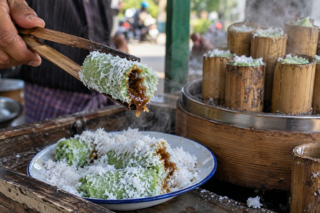 Kue putu au sucre de palme servi depuis un tube de bambou
