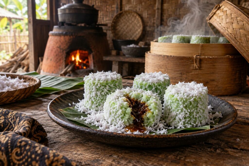 Kue putu bambu fraîchement cuit au marché indonésien