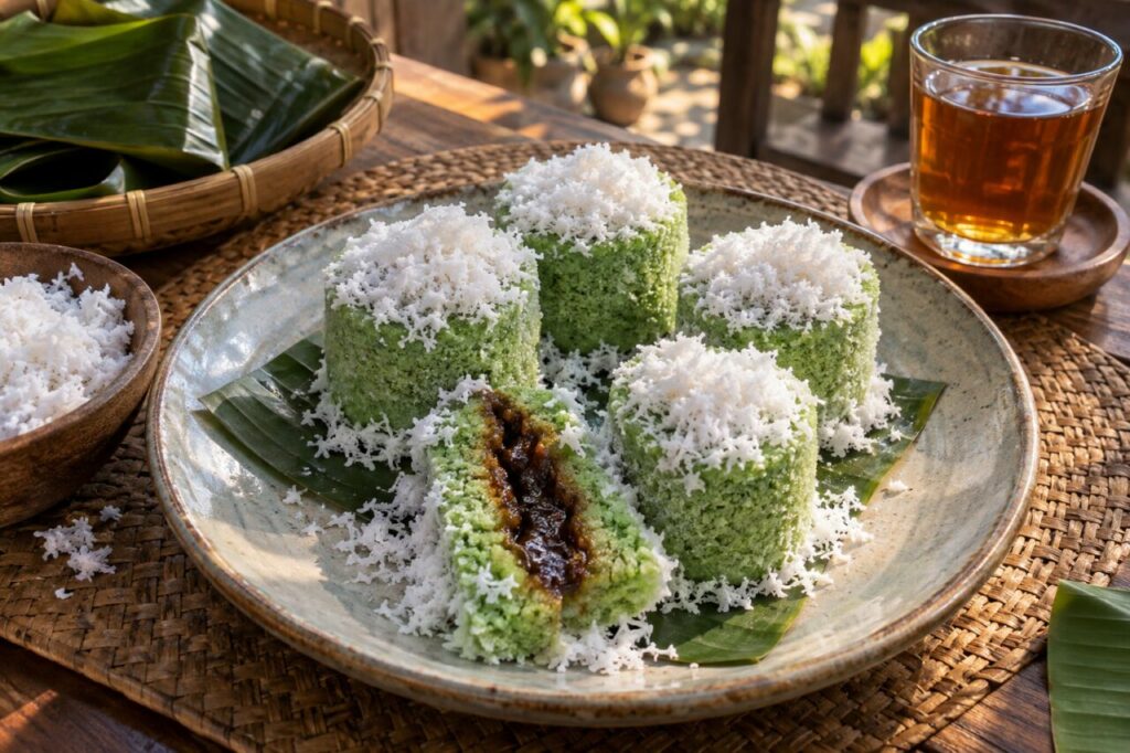Kue putu indonésien au pandan sur feuille de bananier