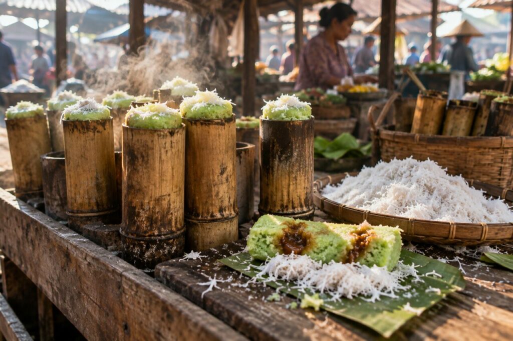 Kue putu pandan et coco pour une table familiale indonésienne