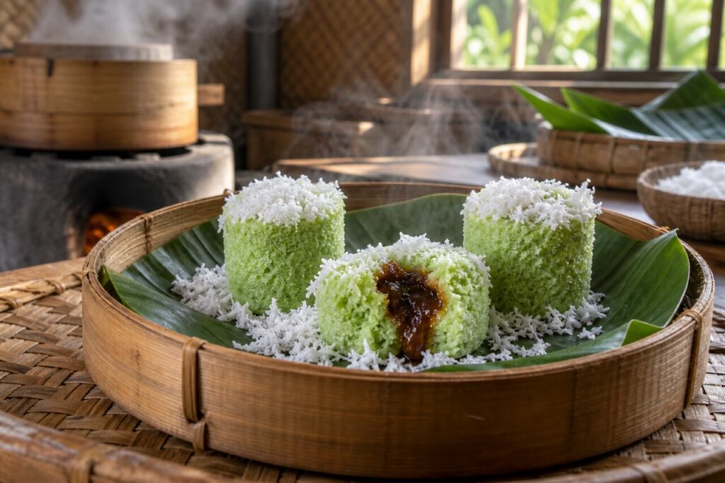 Kue putu vapeur au pandan dans une cuisine de village