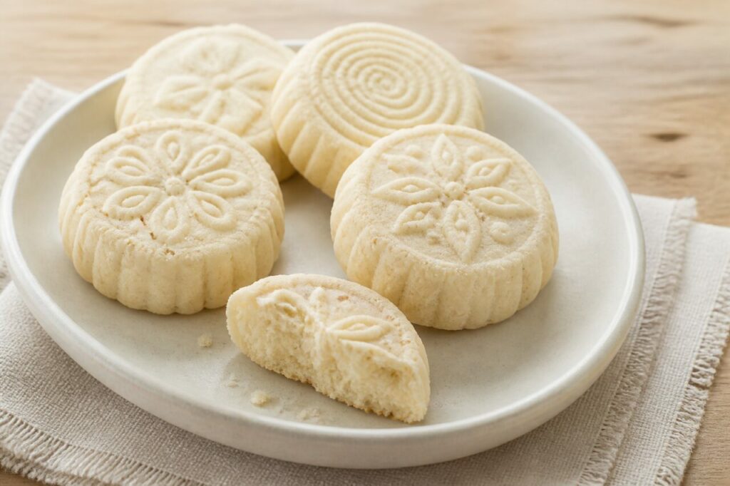 Kuih bangkit brunéien, biscuits de tapioca et coco moulés sur céramique ivoire