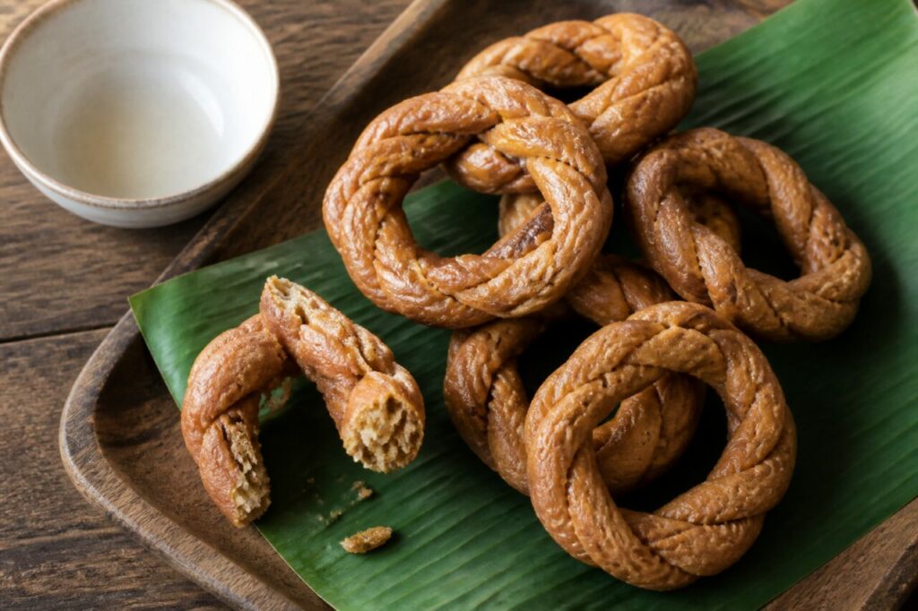 Kuih cincin brunéien en anneaux tressés au sucre de palme, pièce cassée sur feuille de bananier