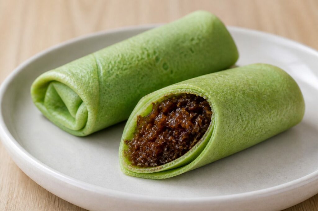 Kuih ketayap malaio em crepes verdes de pandan enroladas com recheio de coco caramelizado