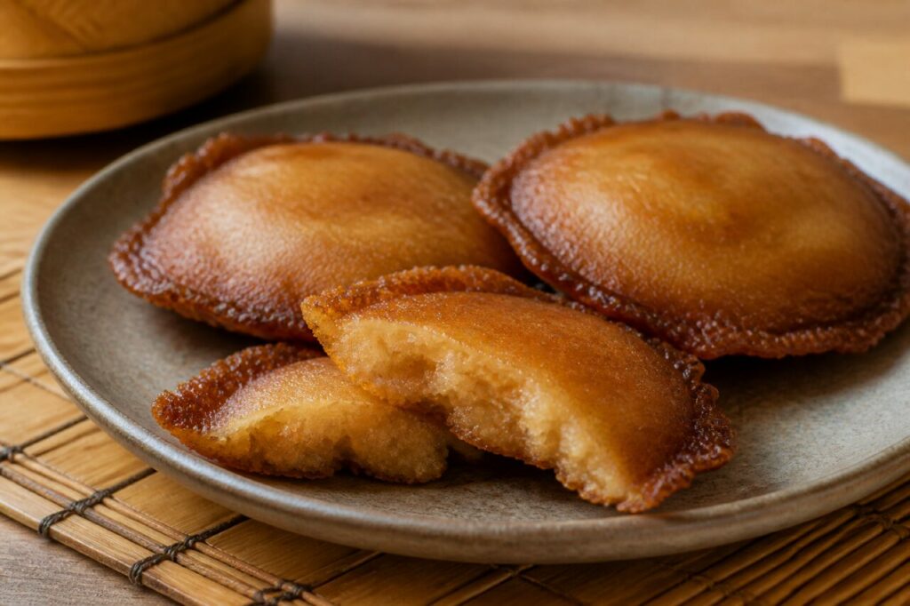 Kuih penyaram brunéien en galettes frites, bord dentelé et cœur moelleux sur céramique