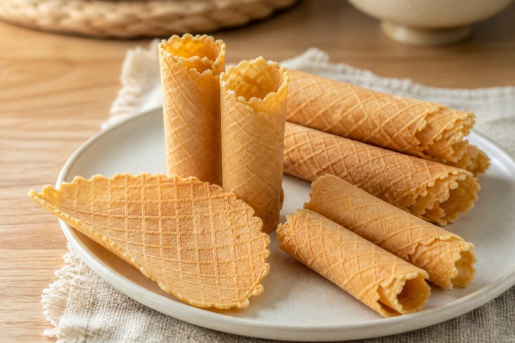 Kuih sapit brunéien en gaufrettes roulées au coco, motif quadrillé sur assiette mate