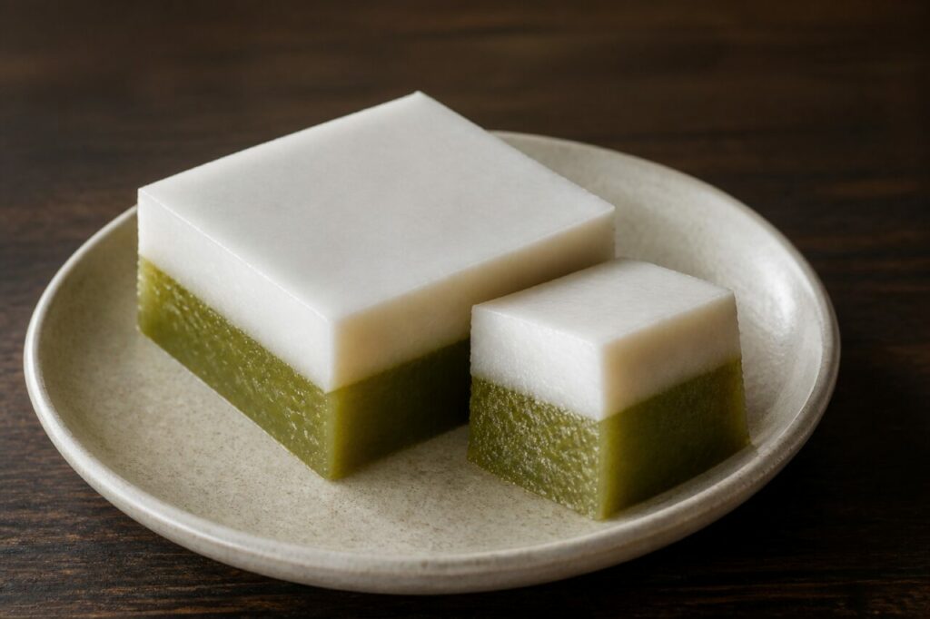 Quadrados de kuih talam malaio com camadas de coco marfim e pandan verde-oliva num prato