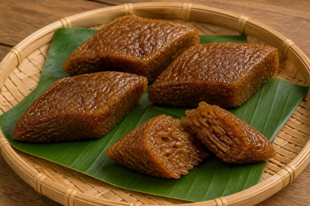 Kuih wajid brunéien de riz gluant au sucre de palme, losanges sur feuille de bananier