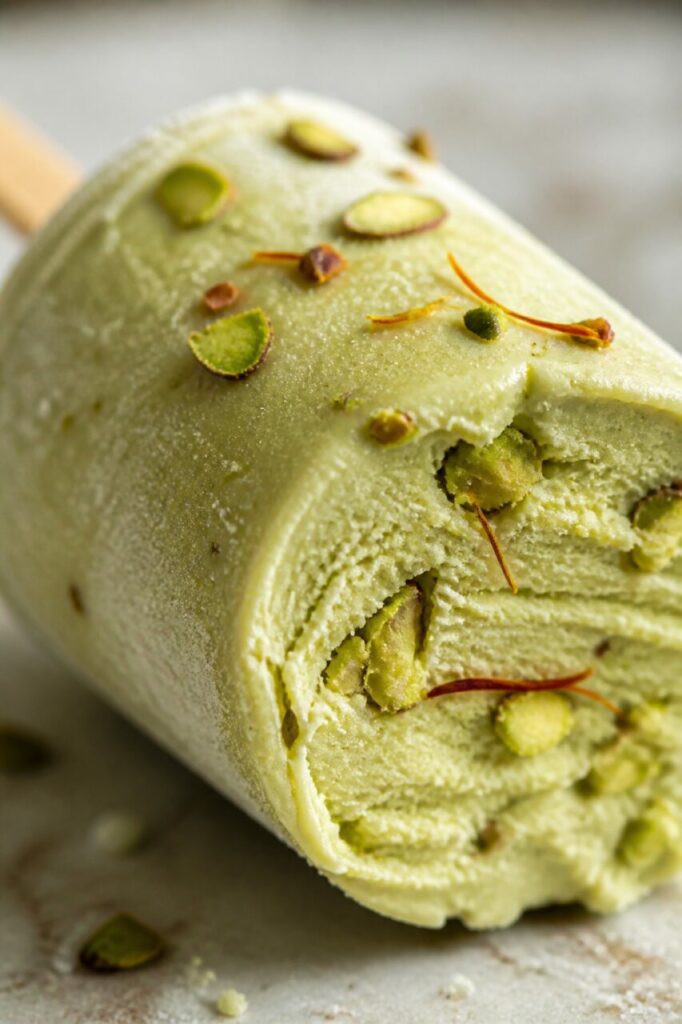 Pistaches visibles dans le kulfi au safran entamé