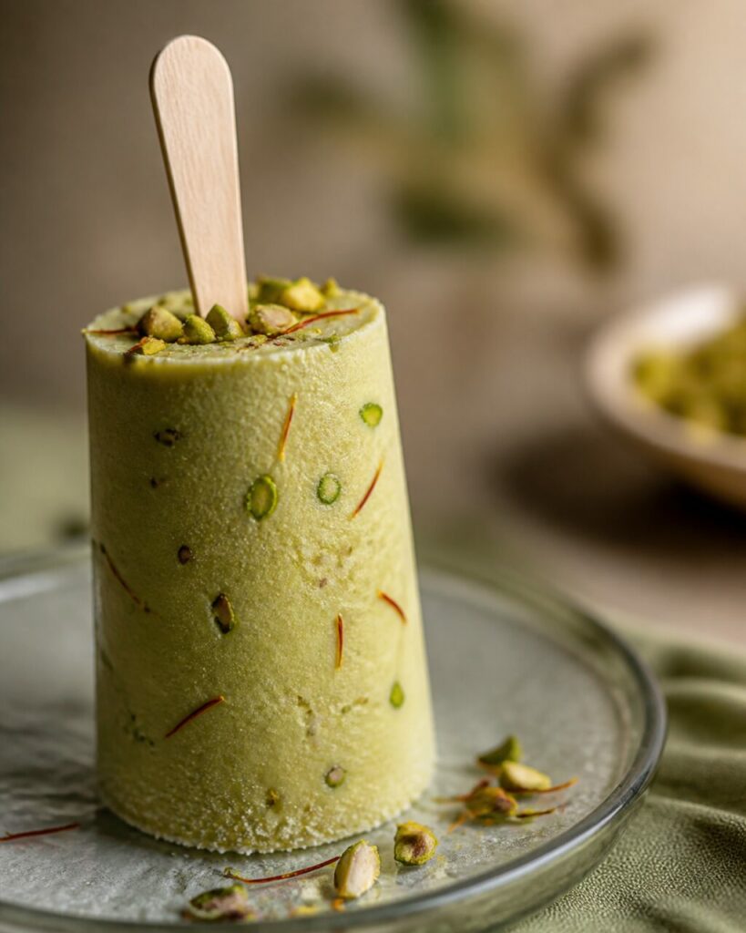 Em pé, um kulfi entre pistácios e fios de açafrão