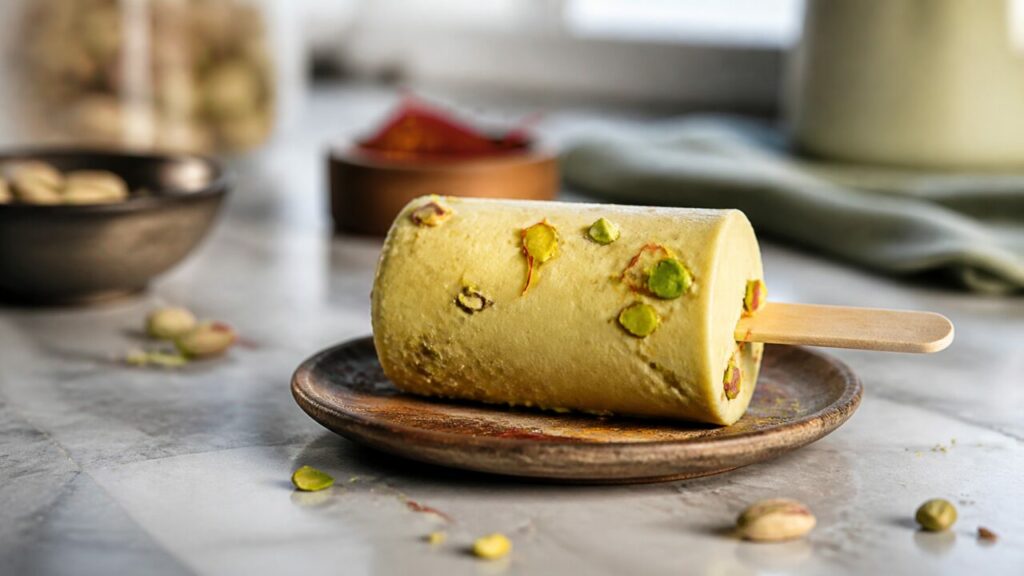 Petite assiette portant un kulfi pistache-safran