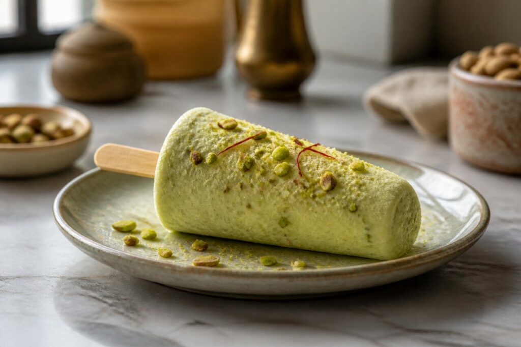 Kulfi pistache-safran allongé sur une assiette aux tons chauds