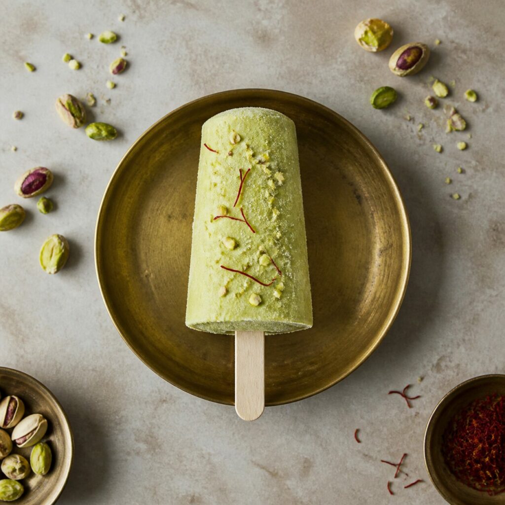 Assiette métallique sous le kulfi aux pistaches