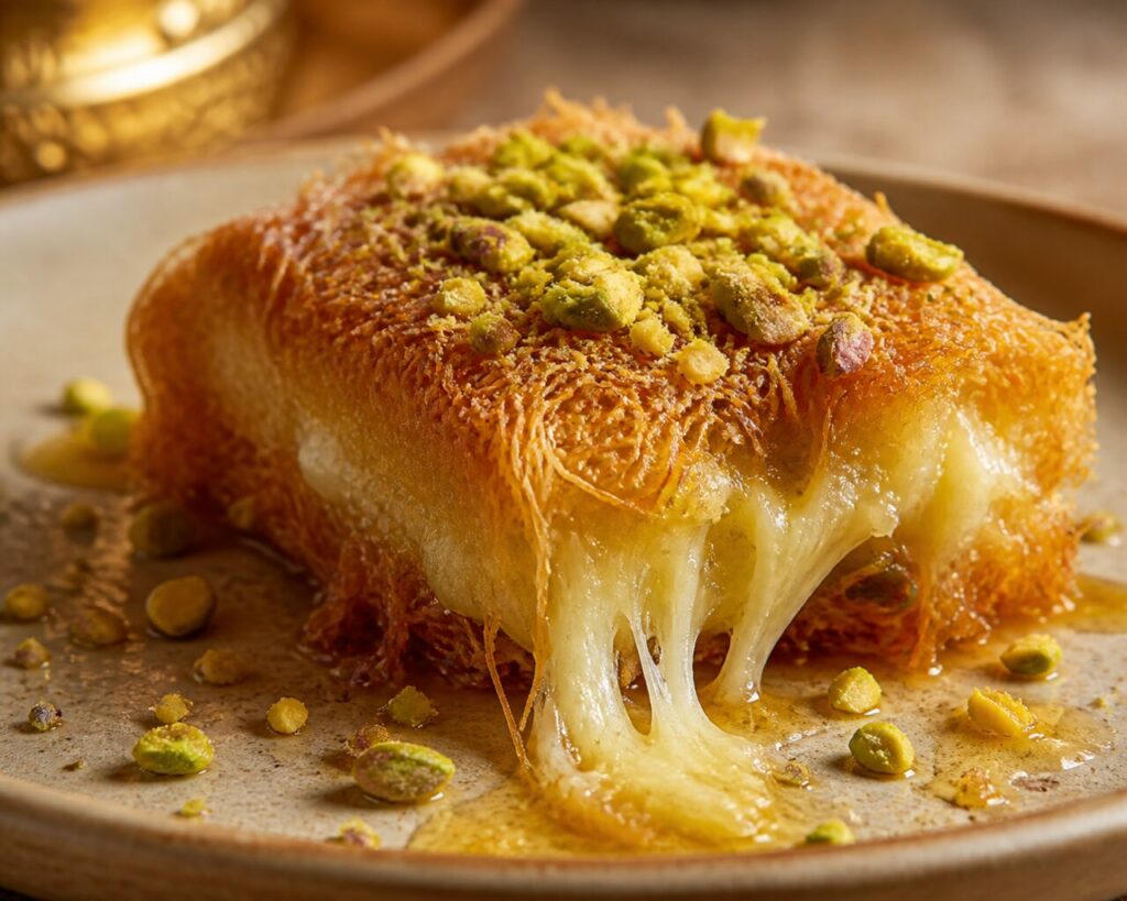 Vierkant stuk kunafa met draden gesmolten kaas