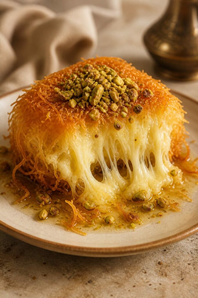 Uitgerekte kaas boven de bolle kunafa