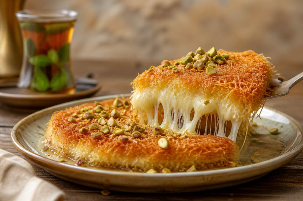 Fourchette portant une bouchée de kunafa aux pistaches