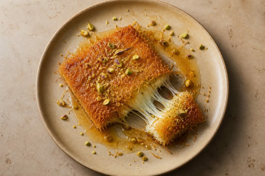 Rechthoekig stuk kunafa bedekt met siroop