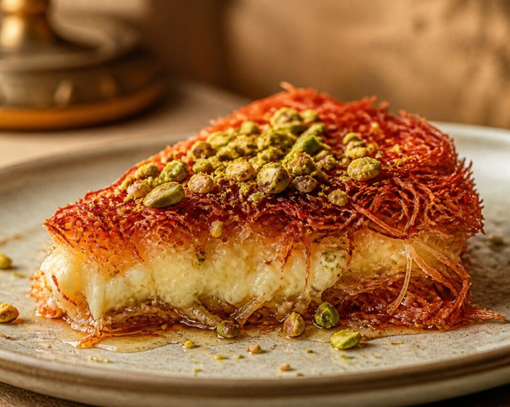 Rode kunafa nabulsiyeh met een glanzend laagje siroop