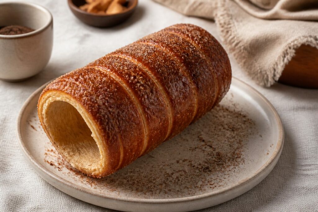 Kürtőskalács sucre-cannelle dressé sur son assiette