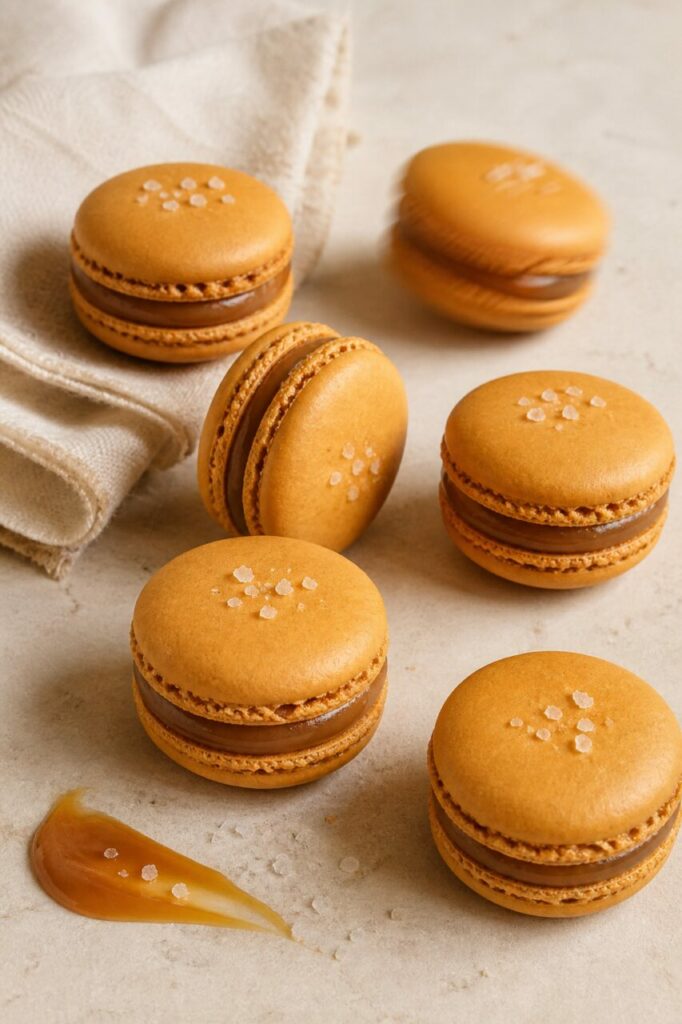 L'un des macarons au caramel beurre salé se tient debout dans la rangée
