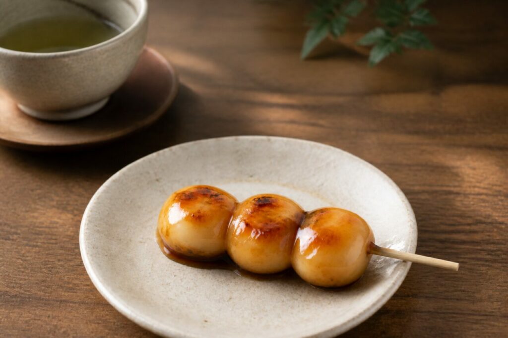 La brochette de mitarashi dango luit sous son nappage