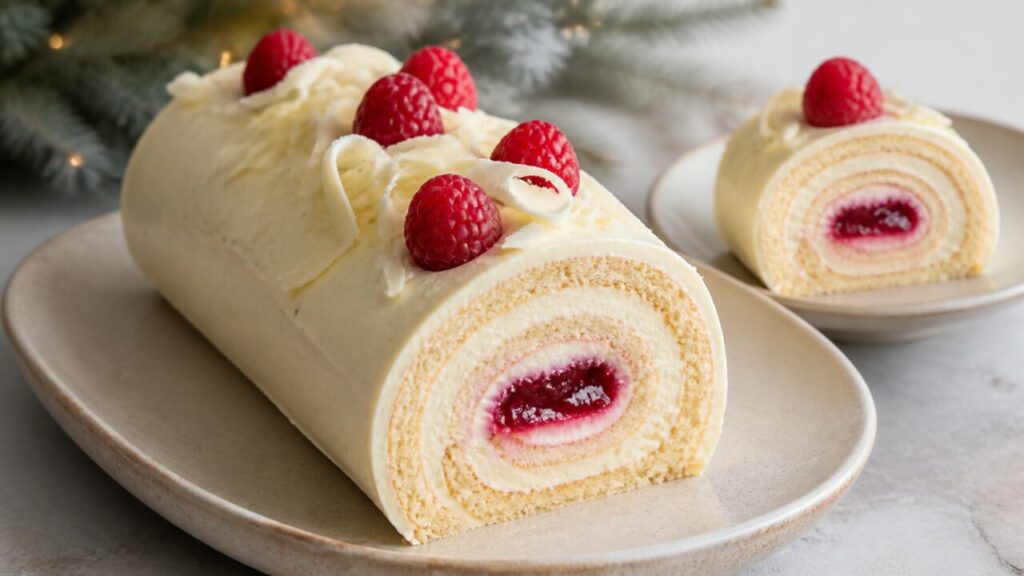 White chocolate curls finish the rolled raspberry yule log