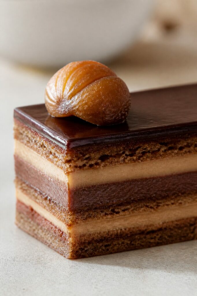 Chestnut-chocolate opera cake, ganache over the layers