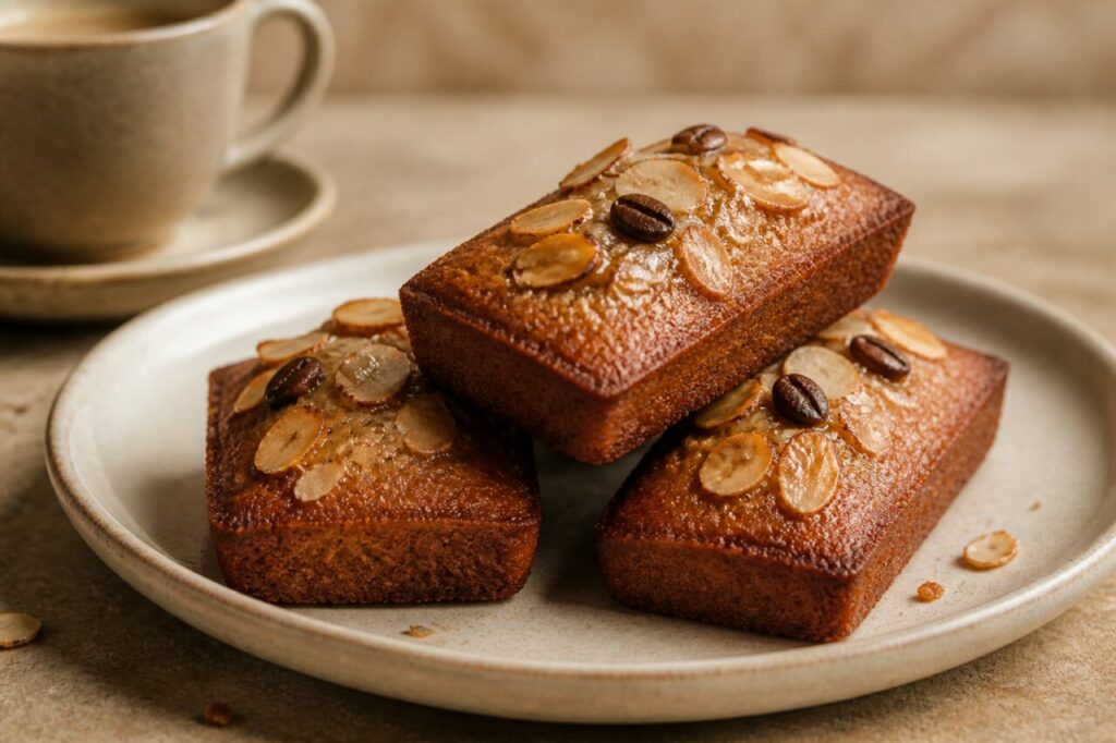 A pilha de financiers de café exibe crostas brilhantes com amêndoa