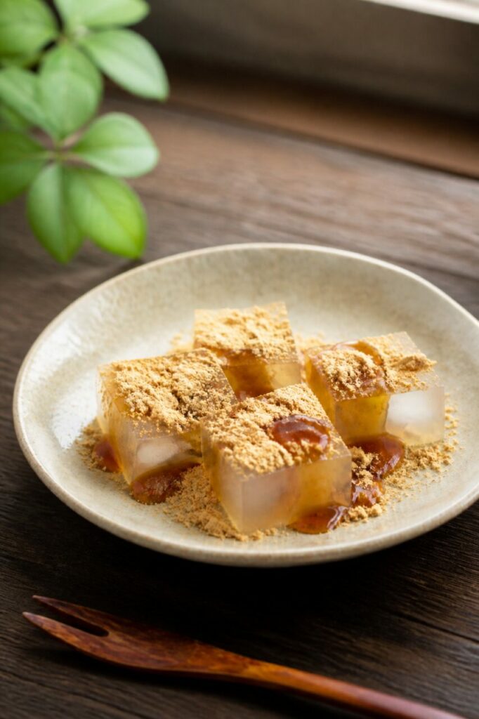 La trasparenza dei kuzumochi risalta accanto al kinako beige