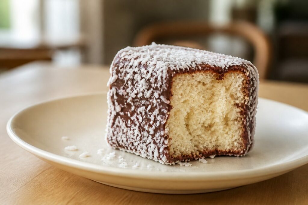 Doce australiano de salão de chá — lamington quadrado coberto de chocolate e coco ralado, com corte nítido