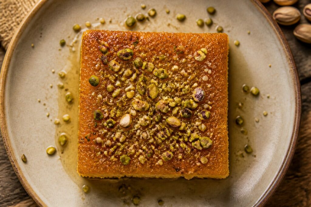 The square hareeseh gleams beneath a generous pistachio topping