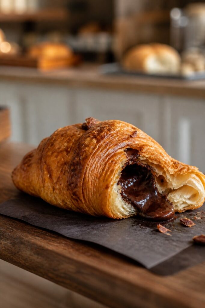 Le chocolat habille ce croissant généreux