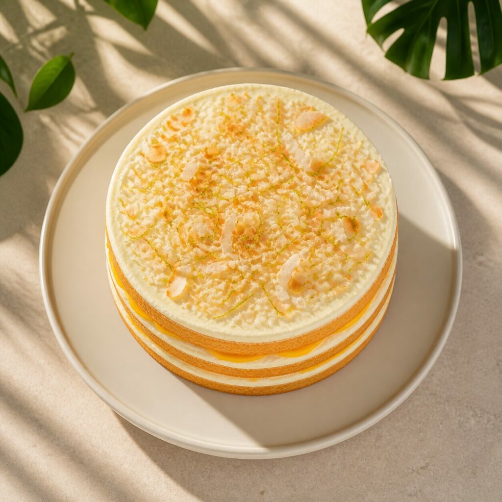 Coconut-mango-lime cake, bright lime note
