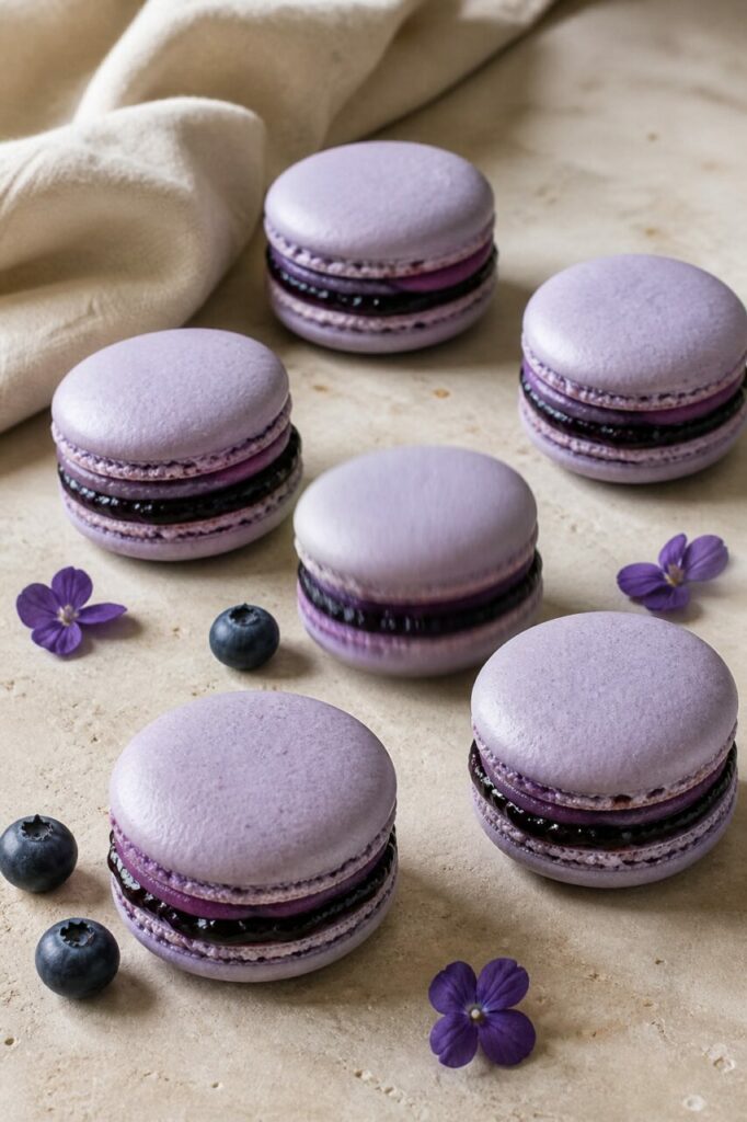 Le confit luit entre les coques des macarons myrtille-violette