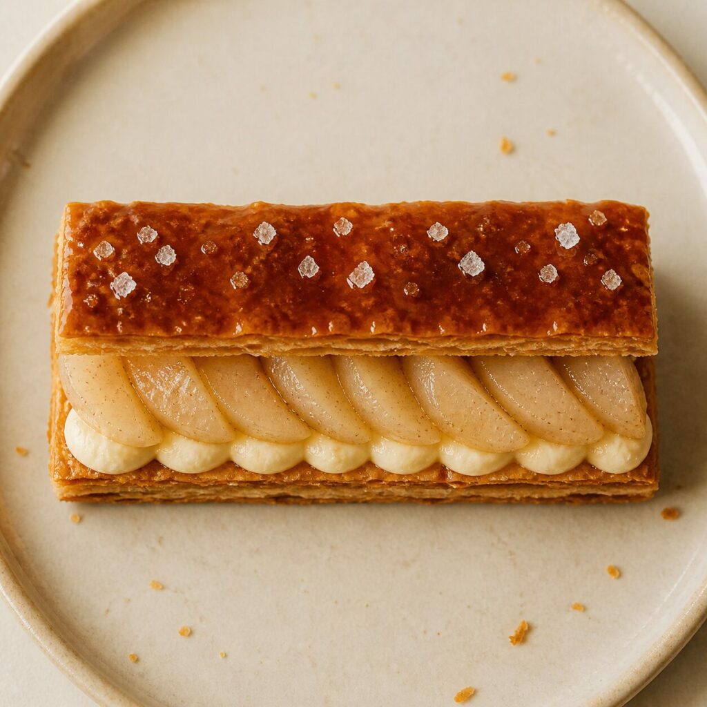Le feuillet supérieur soulevé révèle les poires du mille-feuille au caramel