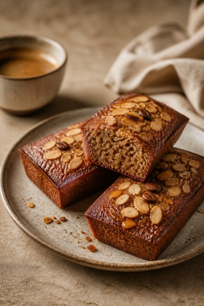 A fratura do financier de café revela um interior castanho e poroso