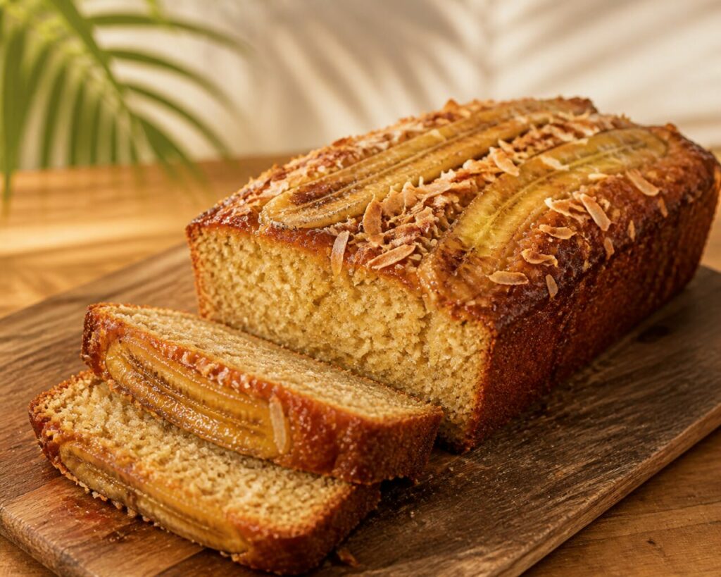 Pastel de coco y plátano al ron en forma alargada