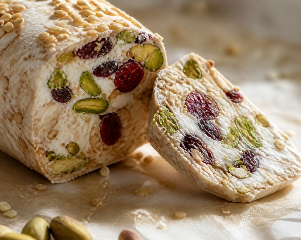 Whole pistachios punctuate the cut face of cranberry nougat