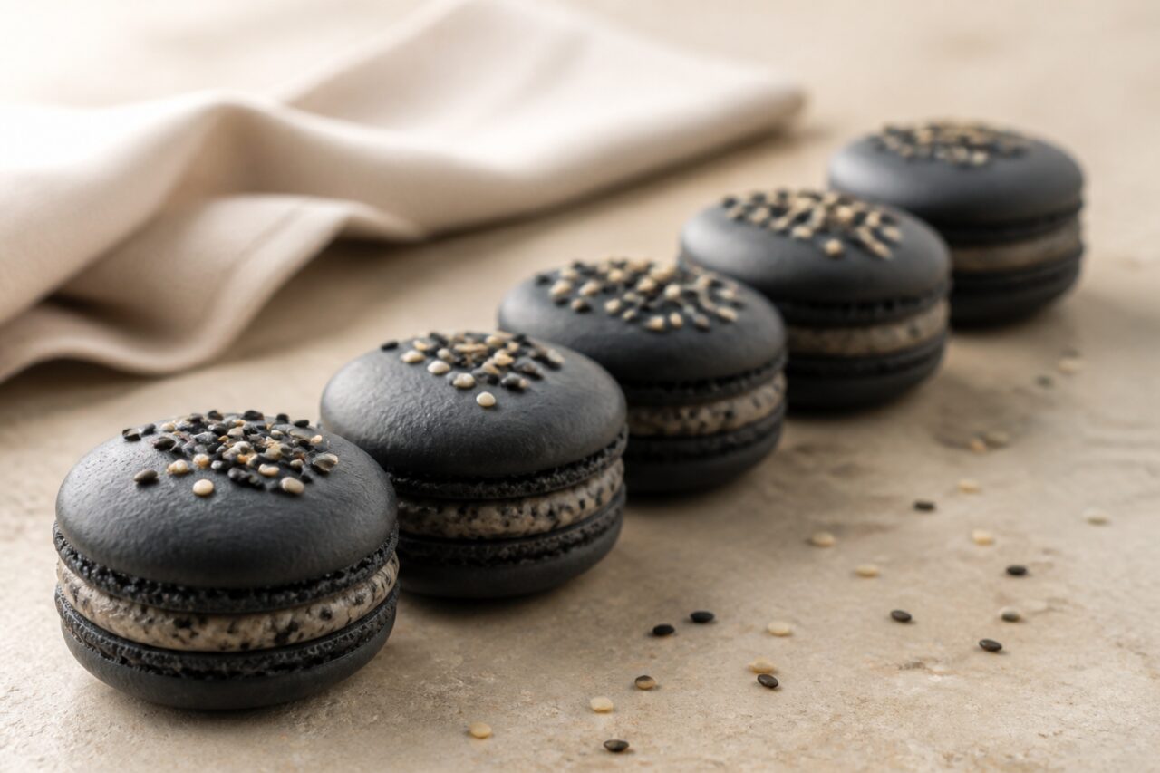 Bold sesame gives this dark macaron its character