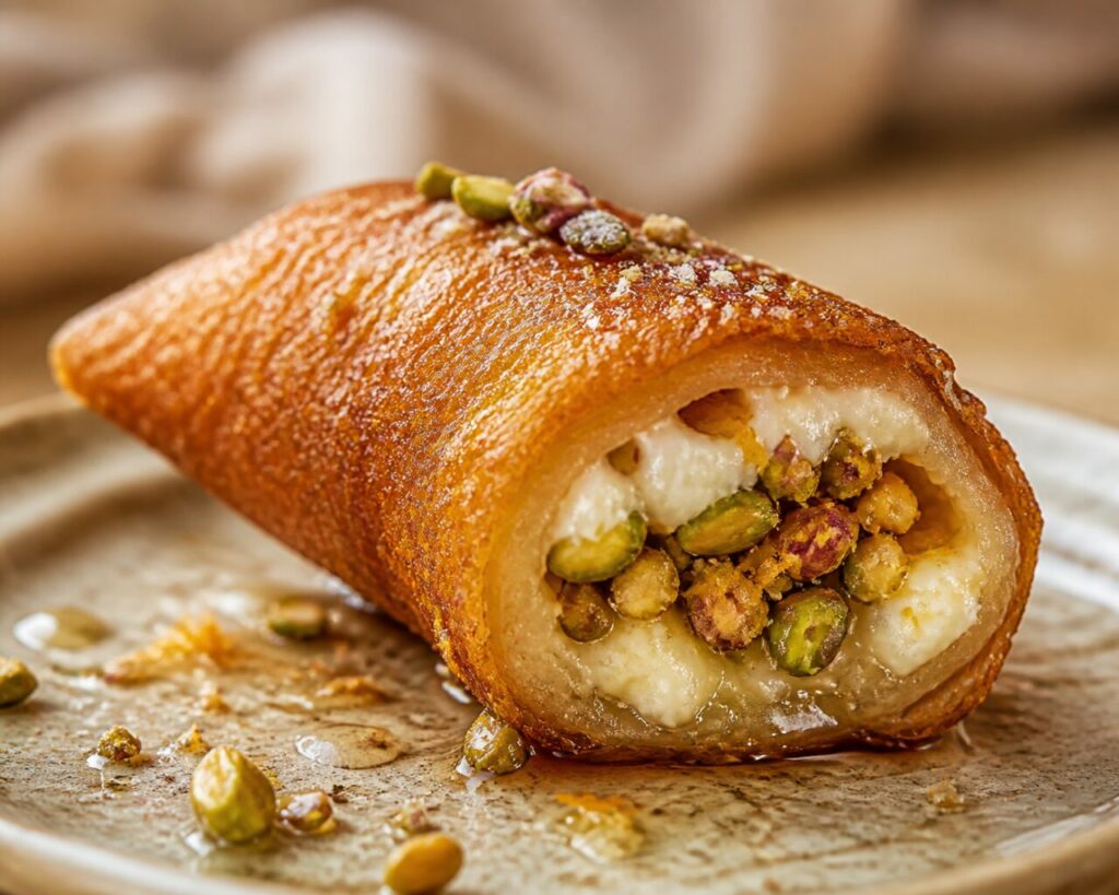 Amber syrup surrounds the ample opening of qatayef asafiri