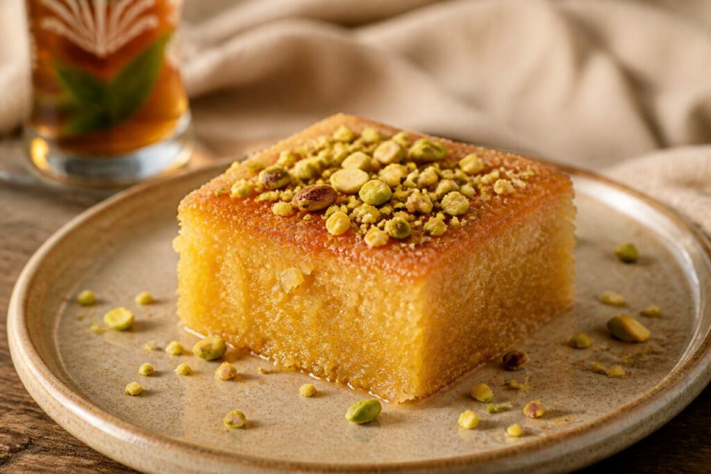 Pistachio hareeseh shares the table with freshly served tea