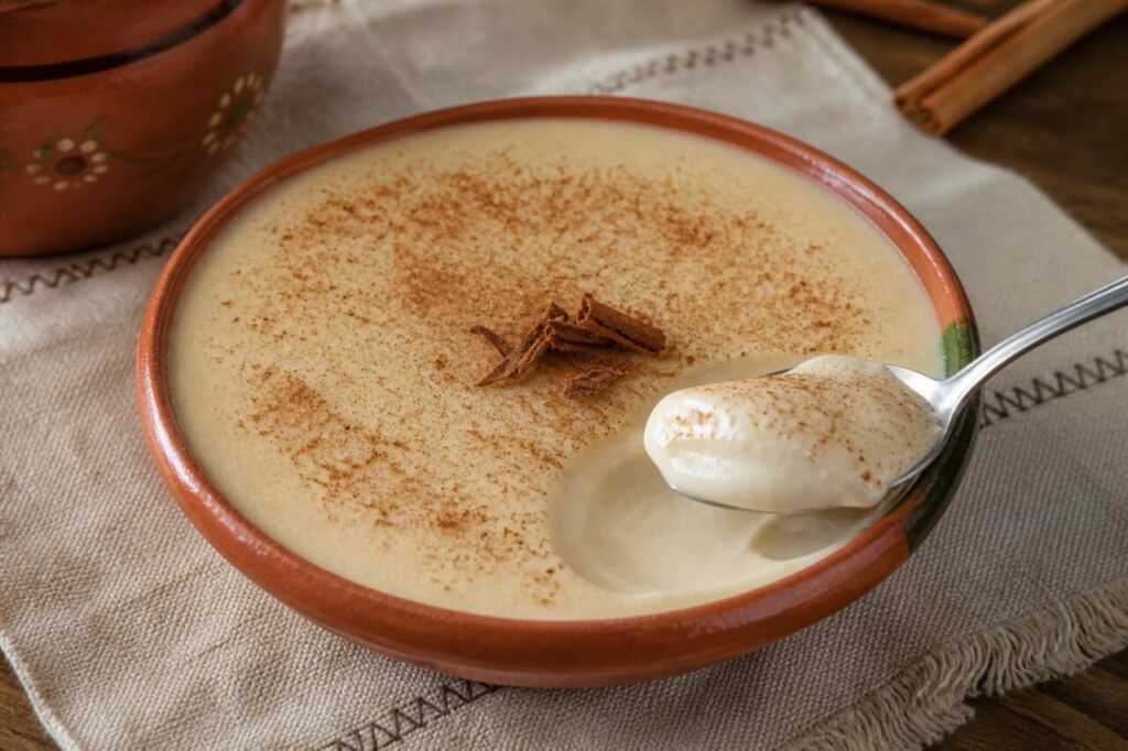 Leche poleada salvadorenha com canela em tigela artesanal